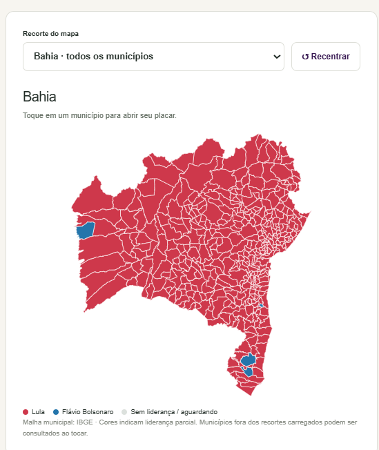 Mapa dos municípios da Bahia no Conecta Neusa, com predominância de vermelho para a liderança de Lula