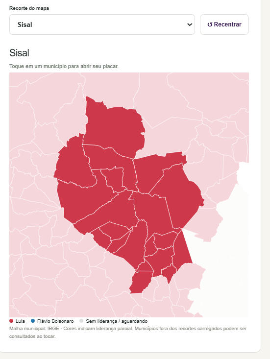 Mapa do Conecta Neusa com os vinte municípios do Território do Sisal em vermelho, indicando Lula na liderança