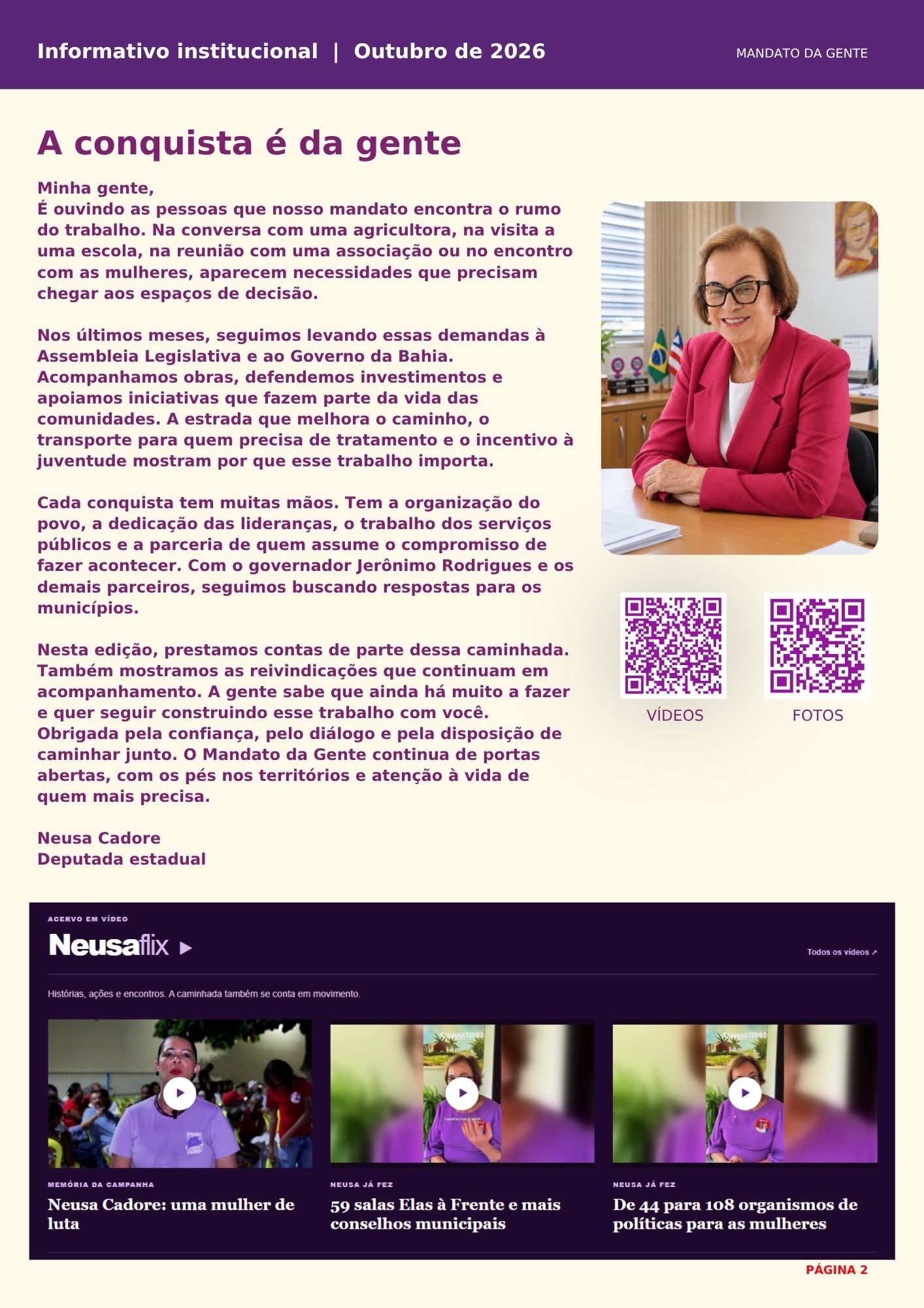 Página 2 da revista, com o editorial A conquista é da gente e retrato de Neusa Cadore