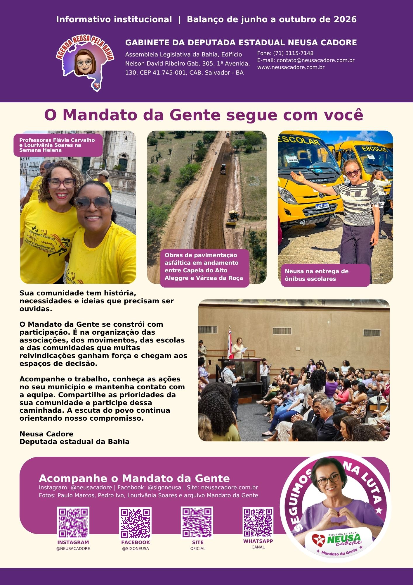 Página 8 da revista, com fotografias de ações do mandato e os canais de contato do gabinete