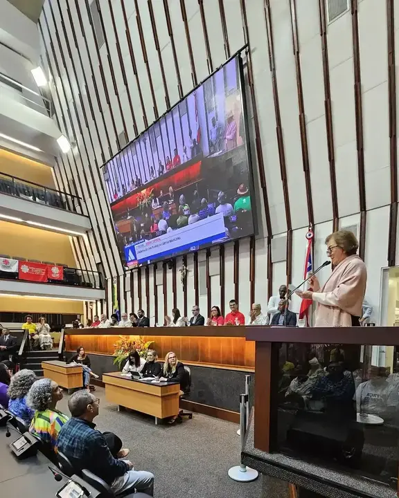 Neusa Cadore na tribuna durante a Sessão Especial em homenagem aos 70 anos da Cáritas Brasileira