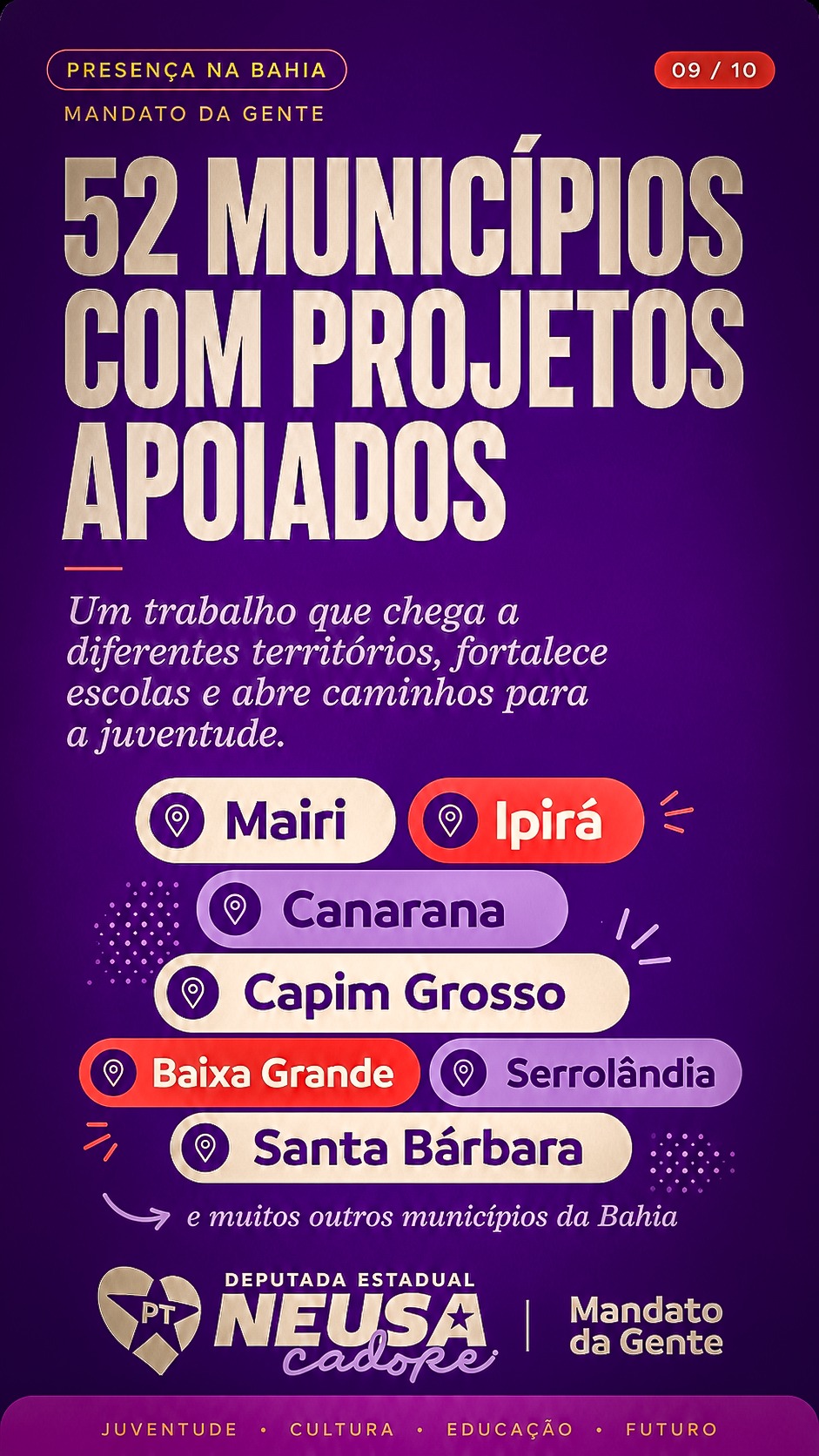 Card 09: Presença em 52 municípios da Bahia