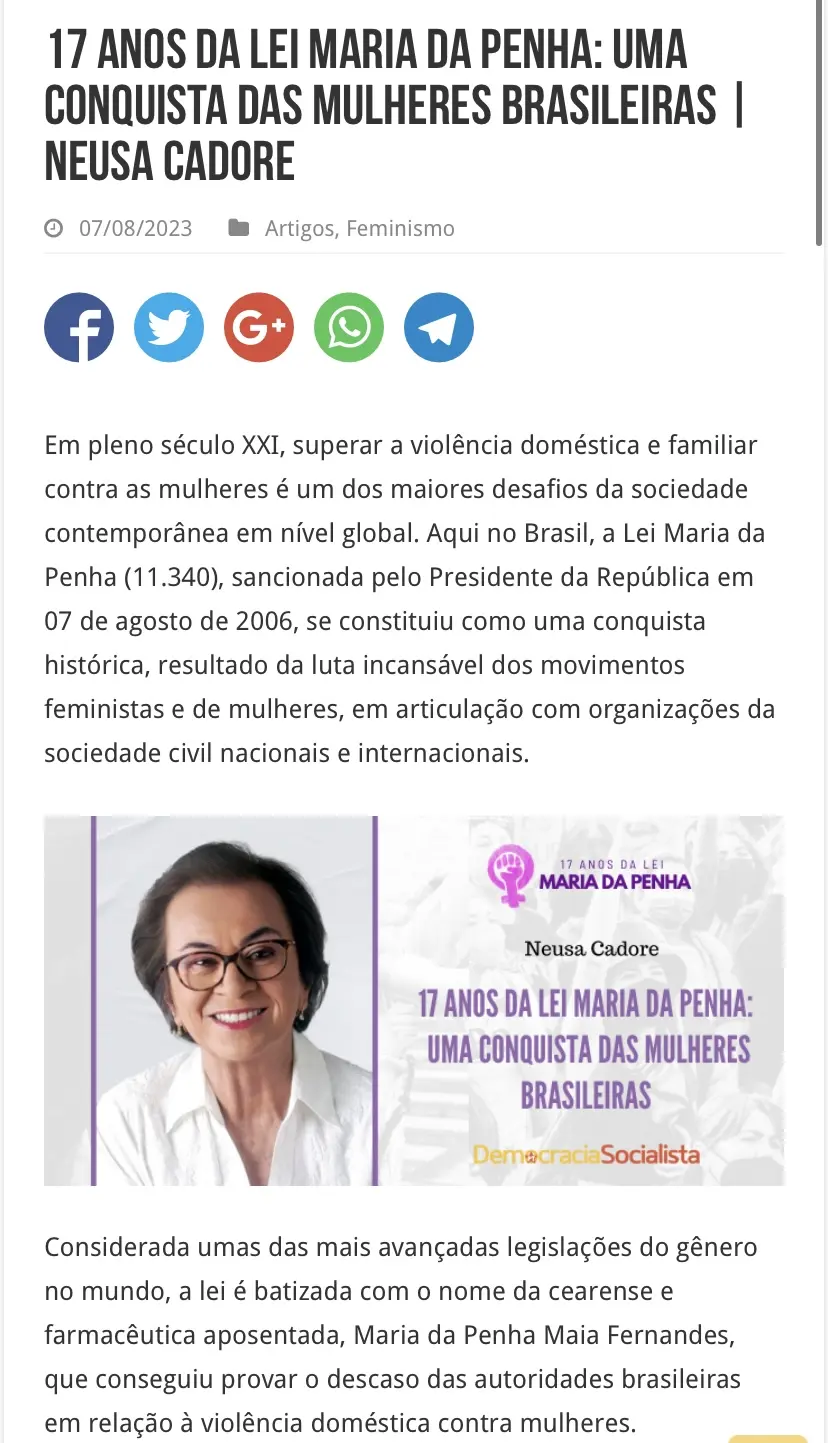 Artigo de Neusa Cadore sobre a trajetória da Lei Maria da Penha